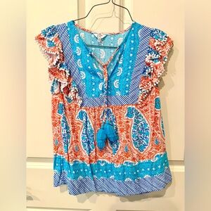 Crown and Ivy Blue and Orange Paisley Ruffle Top, XS, like new.